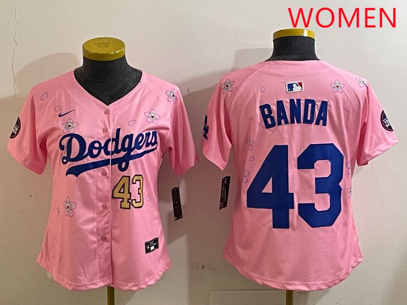 Women Los Angeles Dodgers 43 Banda Pink White Blue Sakura Edition 2025 Nike MLB Jersey style 4